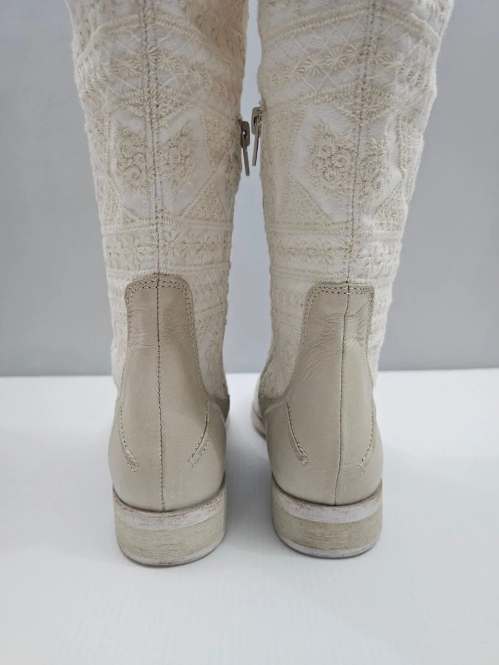 Free People Bren Knee High Boot Womens EU 37 Cream Embroidered Boho Slouchy